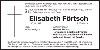 Traueranzeige von Elisabeth Förtsch von Pegnitz-Zeitung